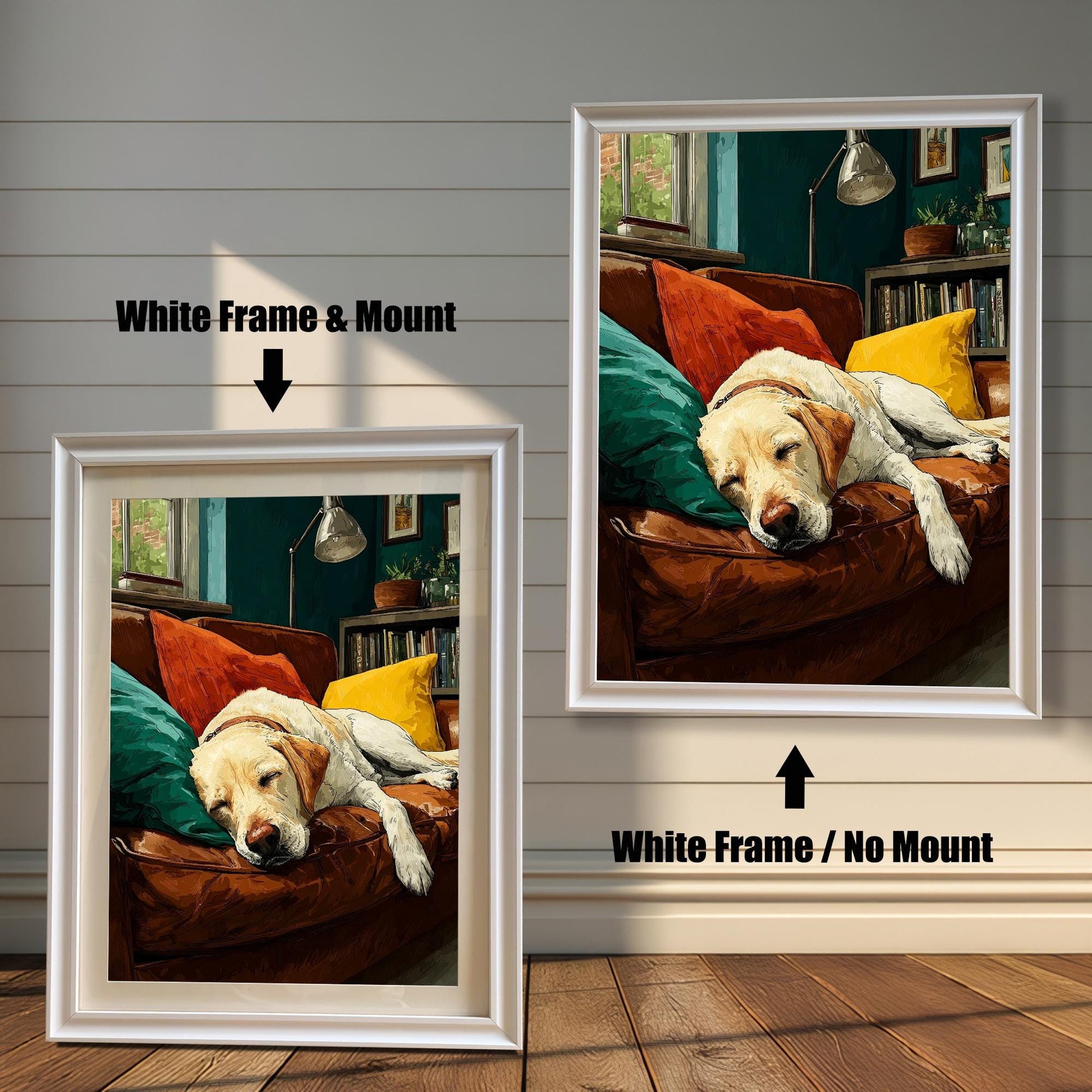 A pair of white-framed art prints show a sleeping dog on a couch. The one on the left has a white matting, while the one on the right does not.