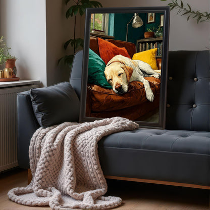 A black-framed art print of a sleeping dog on a couch leans against a gray sofa with a beige blanket.