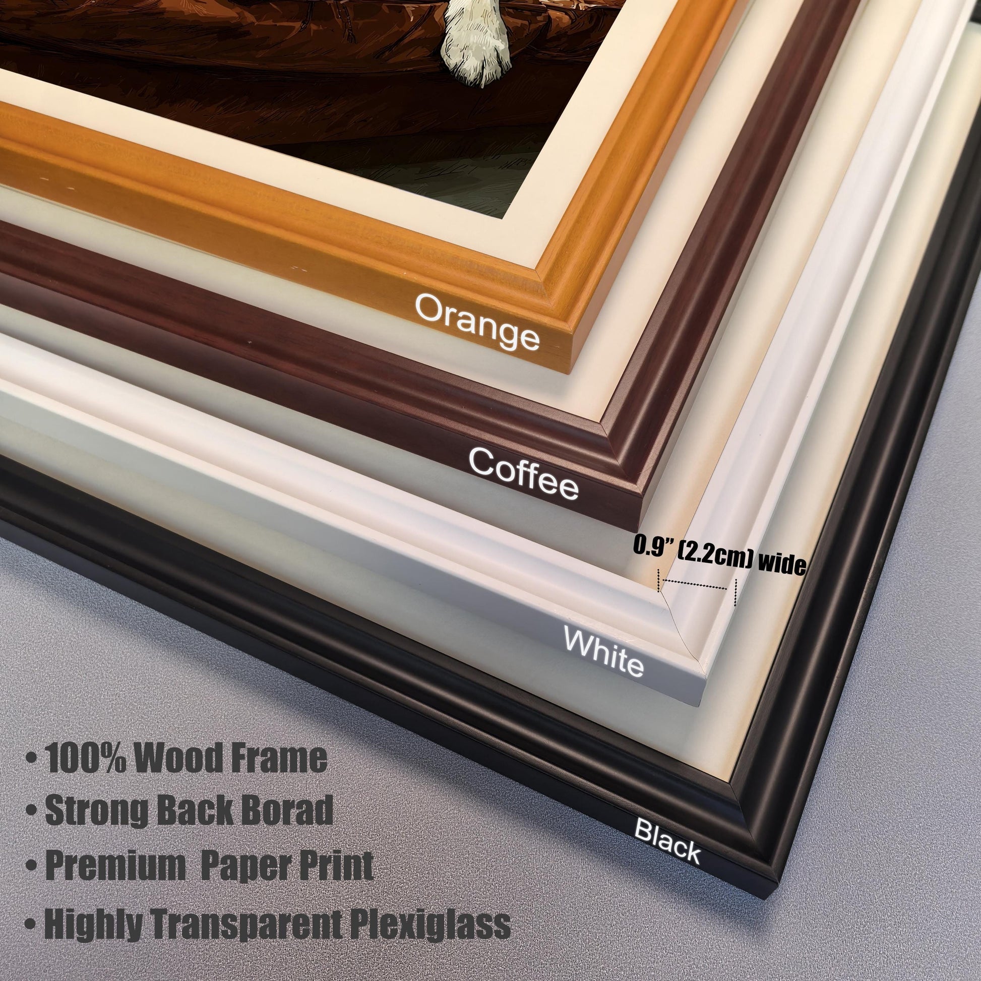 A corner view of four different frame colors—orange, coffee, white, and black—stacked on top of each other.