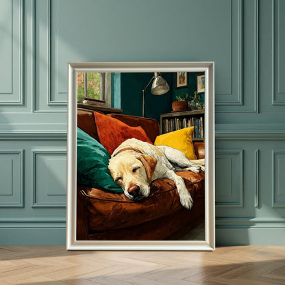 A white-framed art print of a sleeping dog on a couch leans against a blue paneled wall.