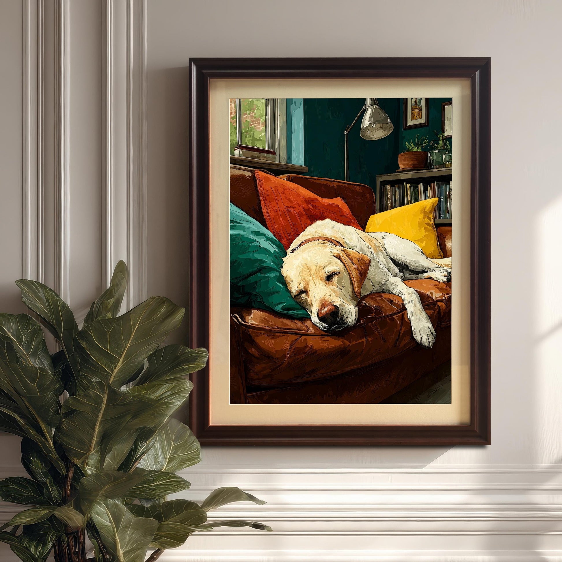 A framed art print of a sleeping Labrador Retriever on a brown leather couch with colorful pillows hangs on a white paneled wall.