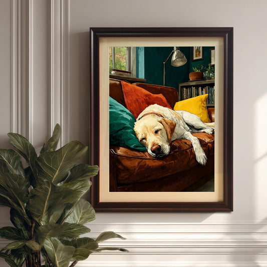 A framed art print of a sleeping Labrador Retriever on a brown leather couch with colorful pillows hangs on a white paneled wall.