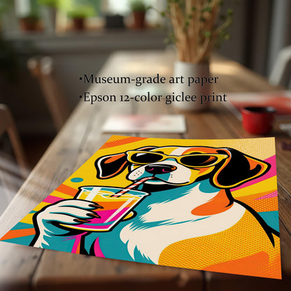 A close-up of a pop art beagle print on a wooden table, showing its vibrant colors and textured paper. Text reads "Museum-grade art paper" and "Epson 12-color giclee print."