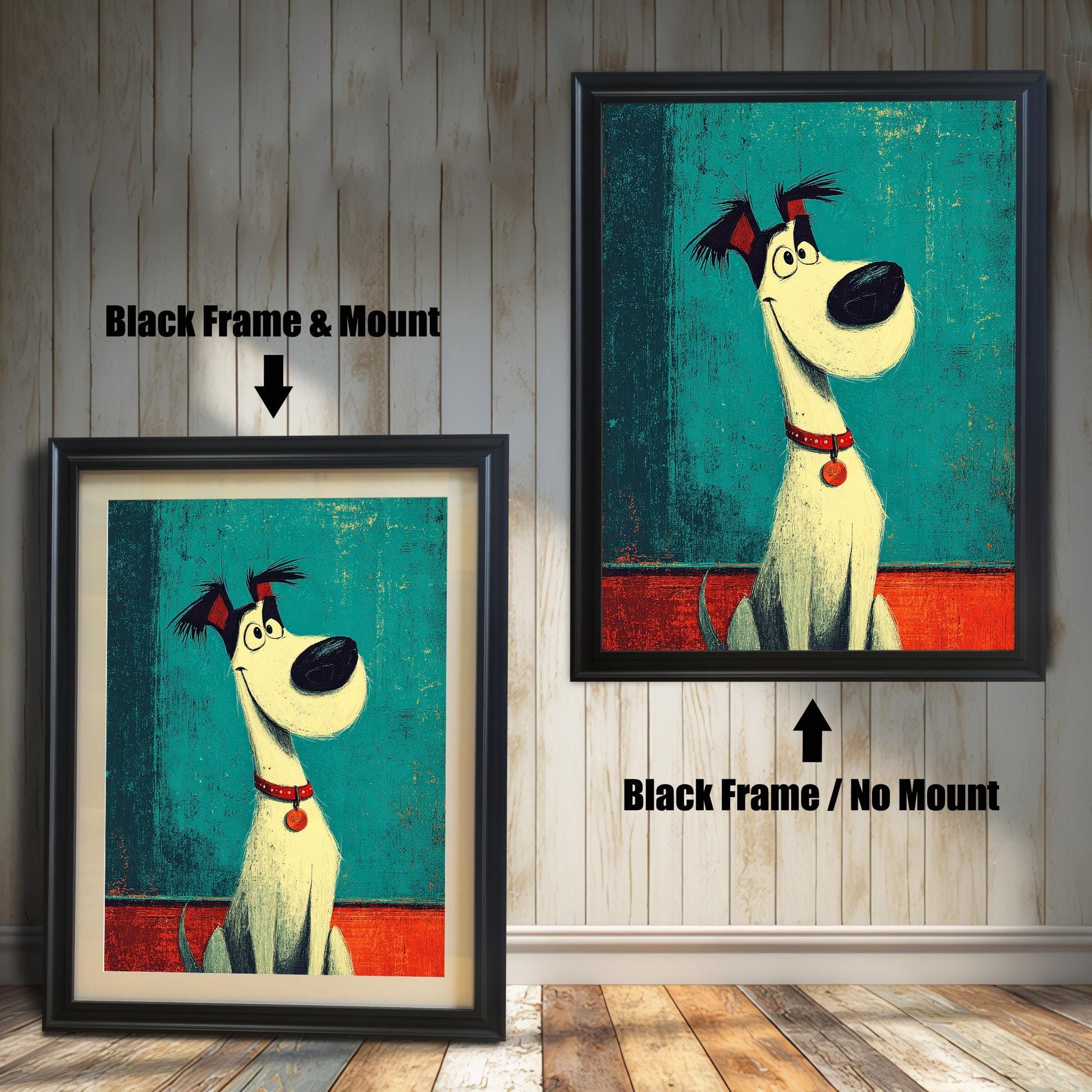 A pair of black-framed dog prints. The one on the left has a white matting, while the one on the right has no matting.
