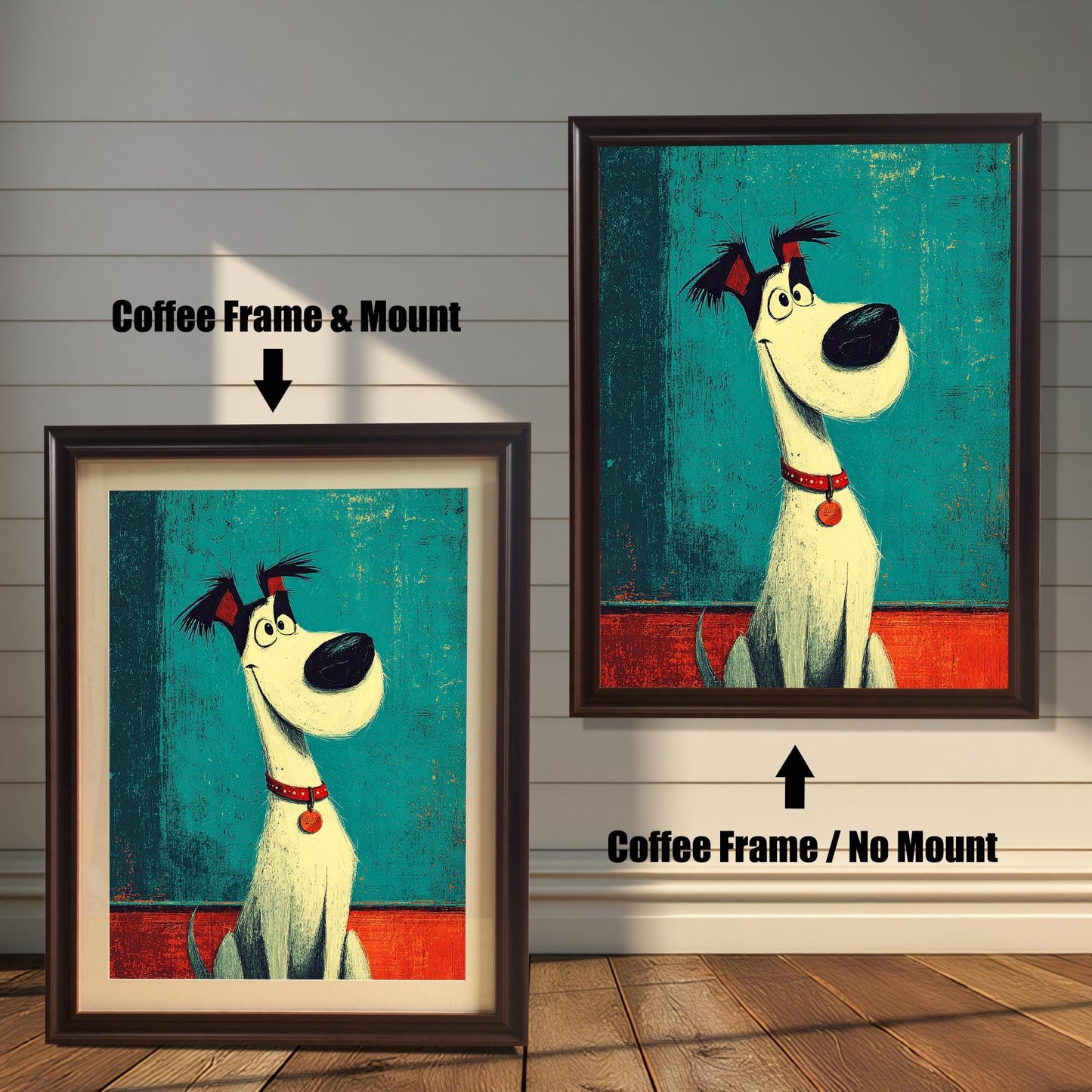 A pair of coffee-colored framed dog prints. The one on the left has a white matting, while the one on the right has no matting.