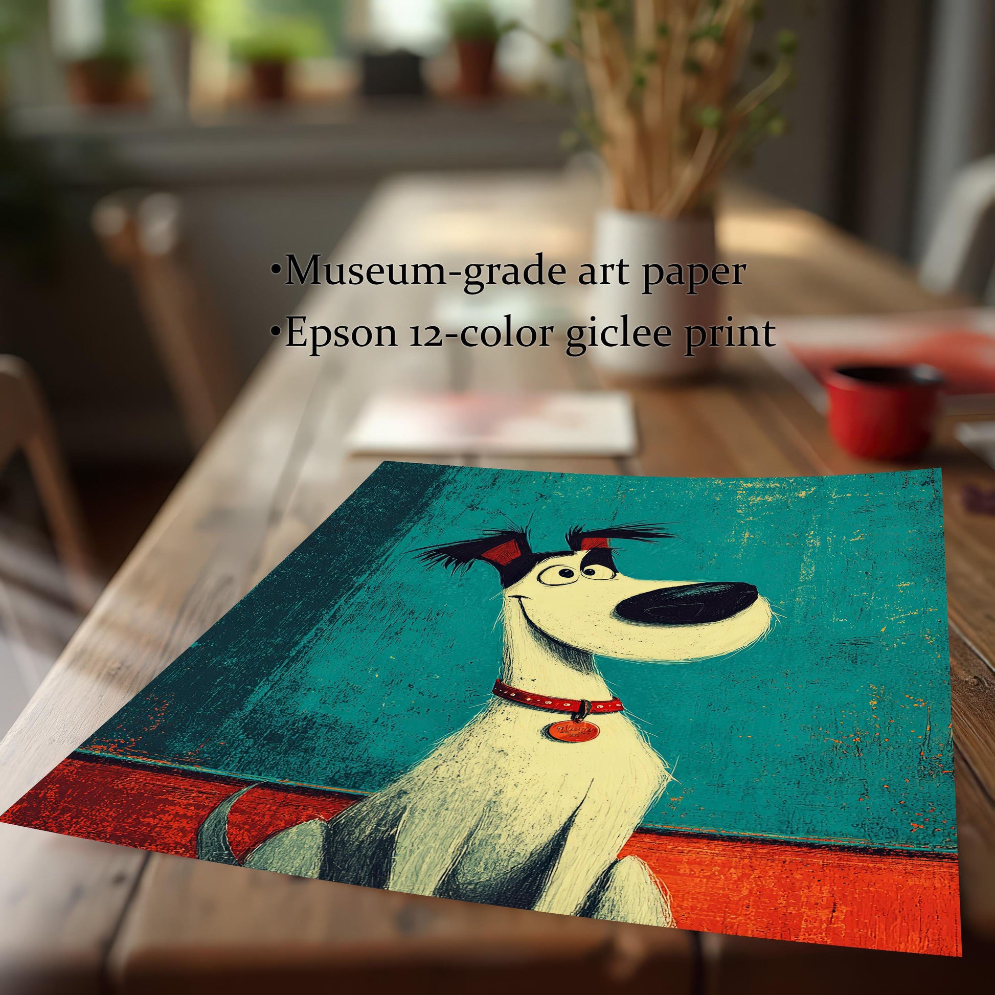A close-up view of the puppy drawing on a table, showing its texture and detail. Text reads "Museum-grade art paper" and "Epson 12-color giclee print."