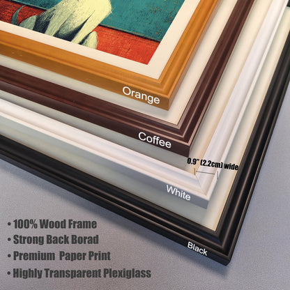 A corner view of four different frame colors—orange, coffee, white, and black—stacked on top of each other.