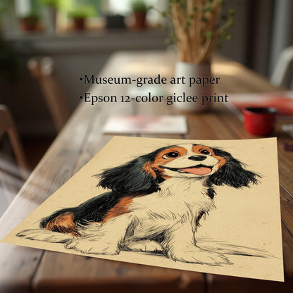 A close-up view of the puppy drawing on a table, showing its texture and detail. Text reads "Museum-grade art paper" and "Epson 12-color giclee print."