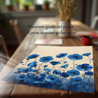 A museum-grade giclée print of blue flowers rests on a rustic wooden table. The text highlights the print's quality, mentioning "Epson 12-color giclée print."