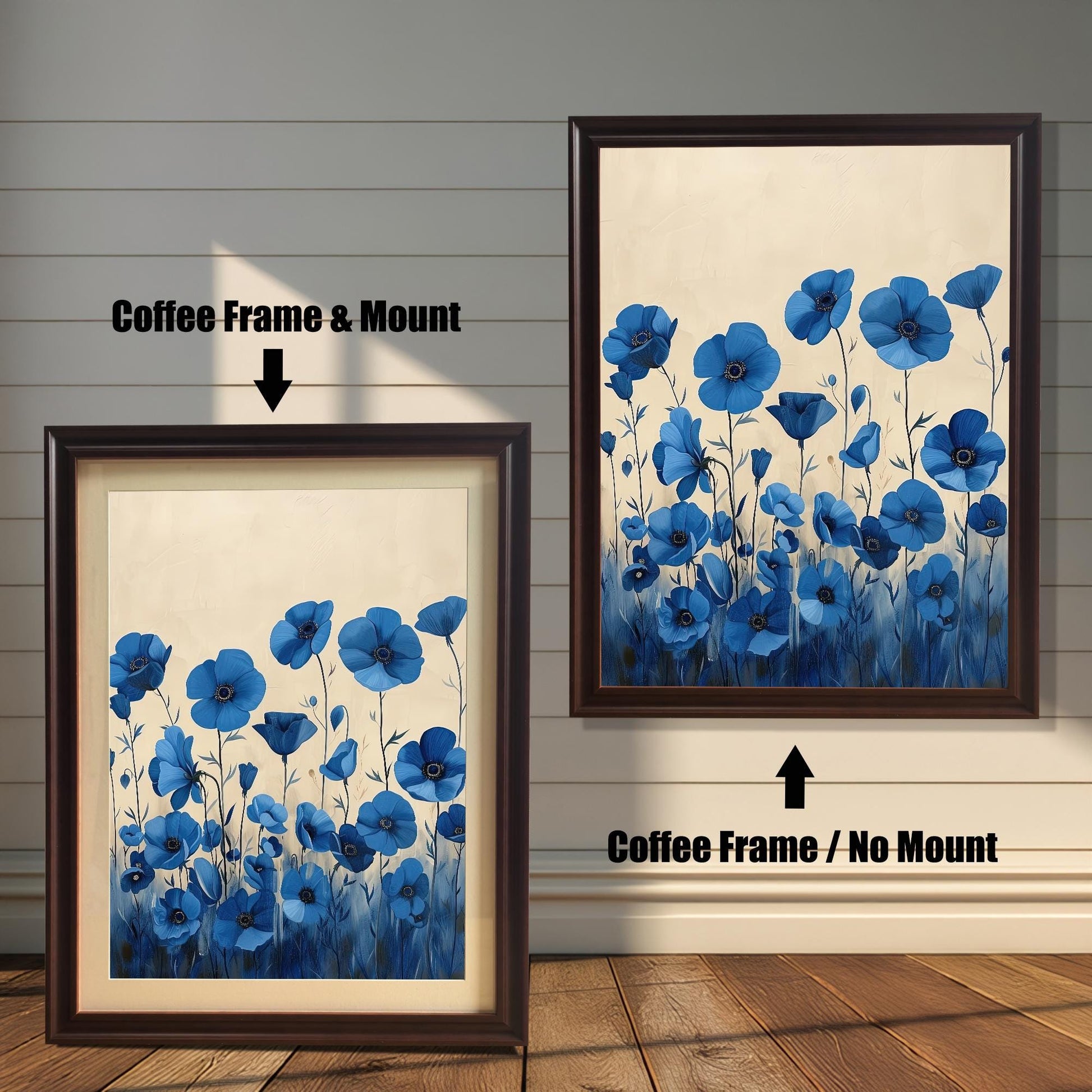 A two-panel image shows the same blue floral art in a coffee-colored frame. The left panel shows the art with a white mat ("mount"), and the right panel shows it without a mat.