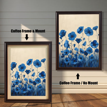 A two-panel image shows the same blue floral art in a coffee-colored frame. The left panel shows the art with a white mat ("mount"), and the right panel shows it without a mat.