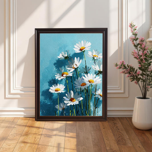 A framed art print of white daisies on a blue background, with a dark wood frame, leaning on a wooden floor against a white wainscoting wall next to a potted plant.