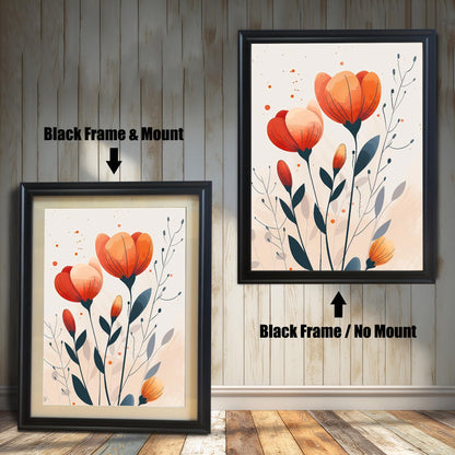 A two-panel image shows the same floral art in a black frame. The left panel shows the art with a white mat ("mount"), and the right panel shows it without a mat.