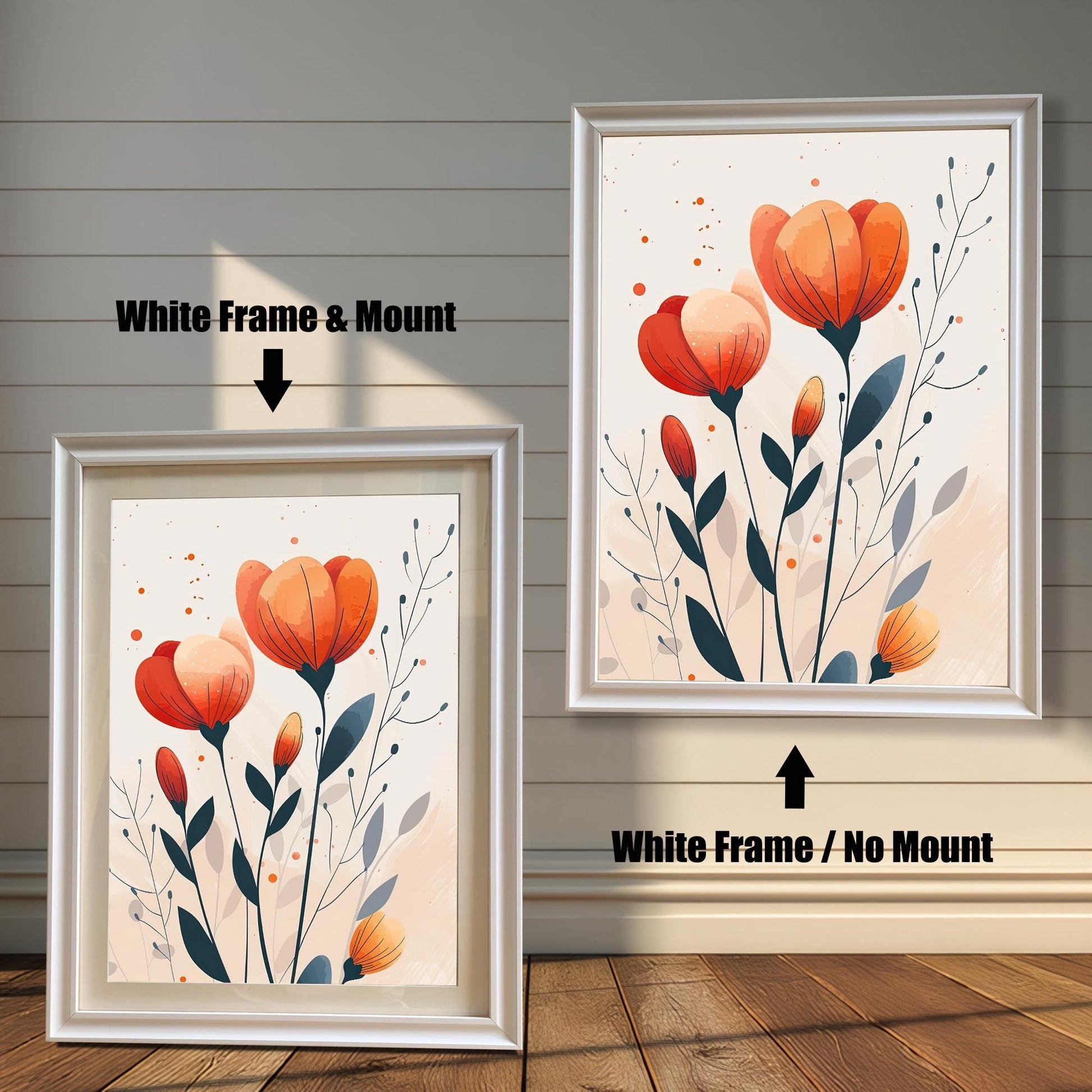 A two-panel image shows the same floral art in a white frame. The left panel shows the art with a white mat ("mount"), and the right panel shows it without a mat.