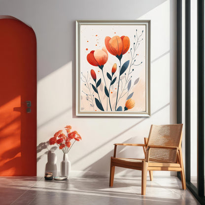A framed wall art print of orange and red flowers hangs on a white wall. Below it are two white vases with flowers, a coffee table, and a wooden chair.