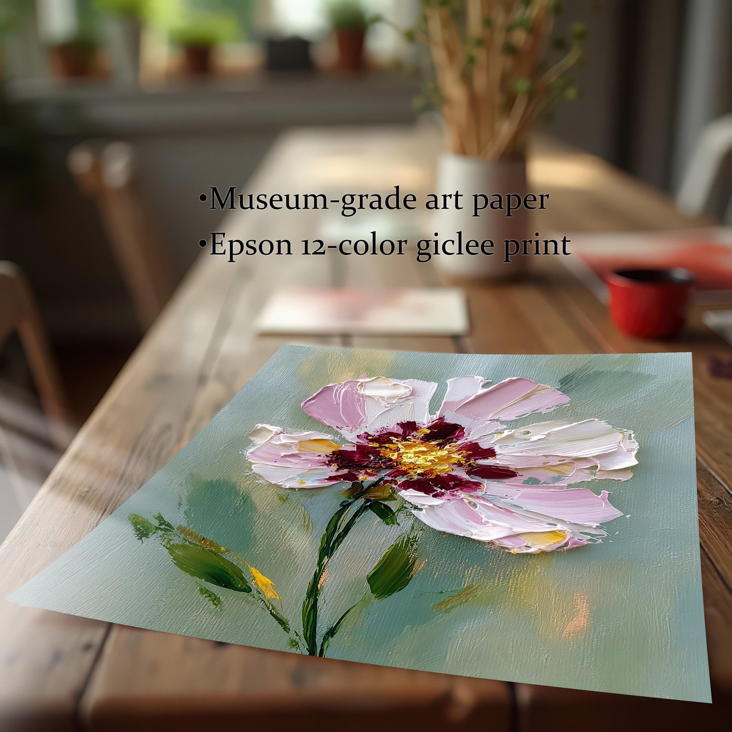 A museum-grade giclée print of a textured pink and white flower rests on a rustic wooden table. The text highlights the print's quality, mentioning "Epson 12-color giclée print."