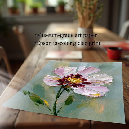 A museum-grade giclée print of a textured pink and white flower rests on a rustic wooden table. The text highlights the print's quality, mentioning "Epson 12-color giclée print."