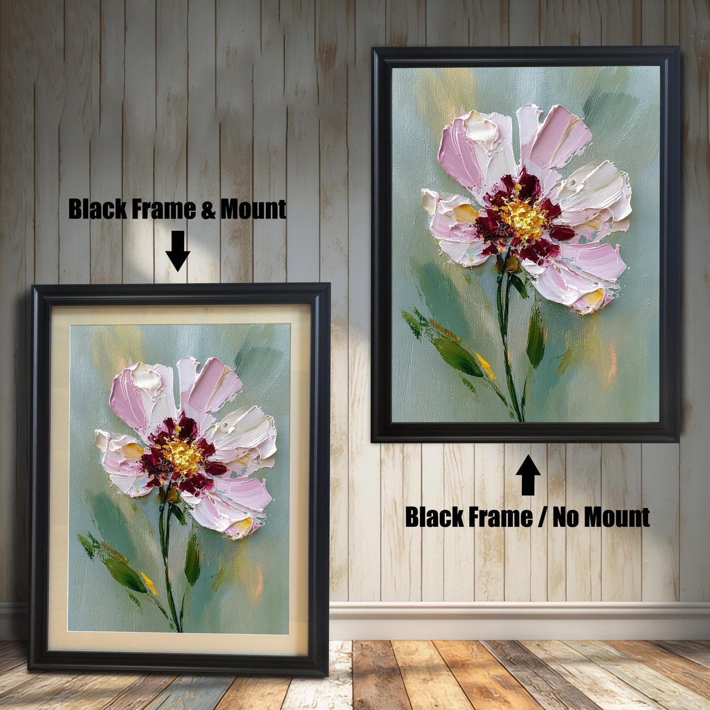 A two-panel image shows the same floral art in a black frame. The left panel shows the art with a white mat ("mount"), and the right panel shows it without a mat.