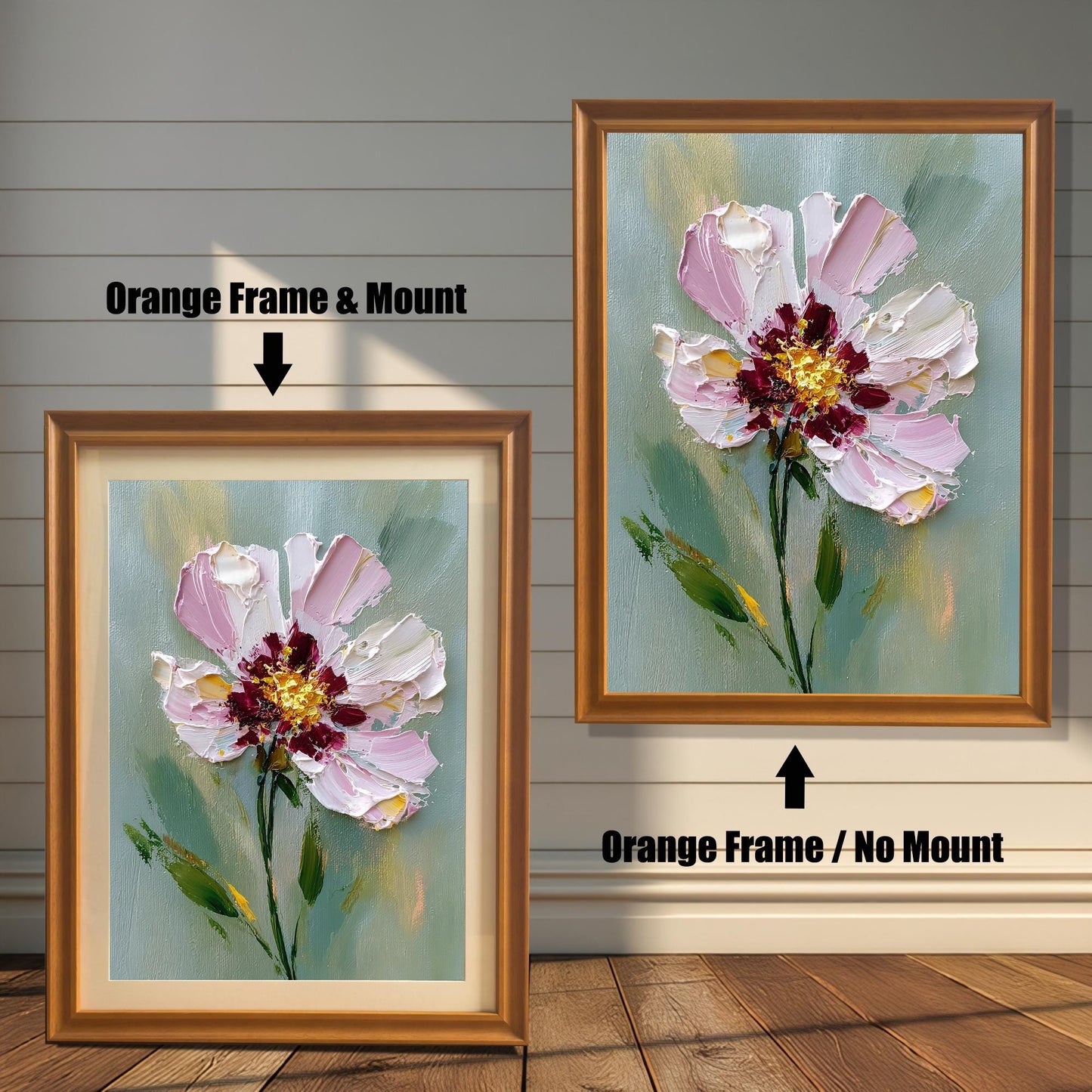 A two-panel image shows the same floral art in an orange-colored frame. The left panel shows the art with a white mat ("mount"), and the right panel shows it without a mat.