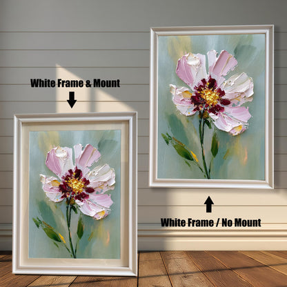 A two-panel image shows the same floral art in a white frame. The left panel shows the art with a white mat ("mount"), and the right panel shows it without a mat.