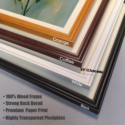 A close-up view of four different frame color options: orange, coffee, white, and black. Text notes the frames are 100% wood, 0.9 inches wide, with plexiglass.