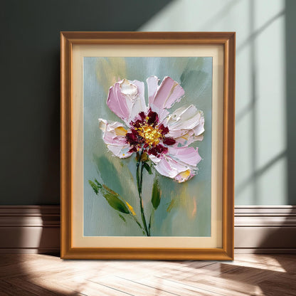 A framed art print of a textured pink and white flower with a yellow center, set against a green background. The art in a light wood frame rests on a wood floor against a dark green wall.