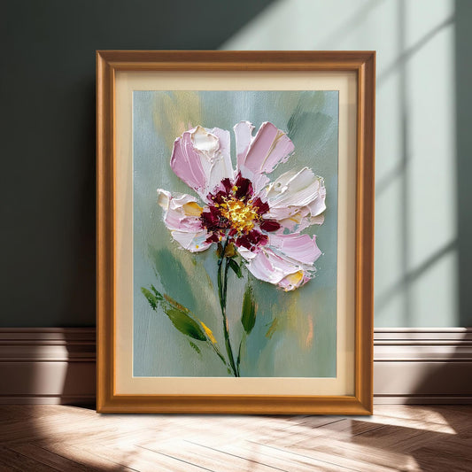 A framed art print of a textured pink and white flower with a yellow center, set against a green background. The art in a light wood frame rests on a wood floor against a dark green wall.