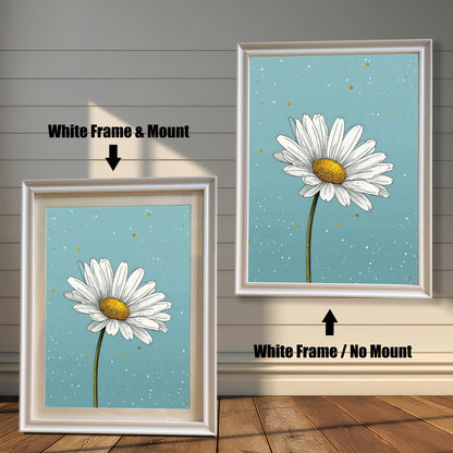 A two-panel image shows the same daisy art in a white frame. The left panel shows the art with a white mat ("mount"), and the right panel shows it without a mat.