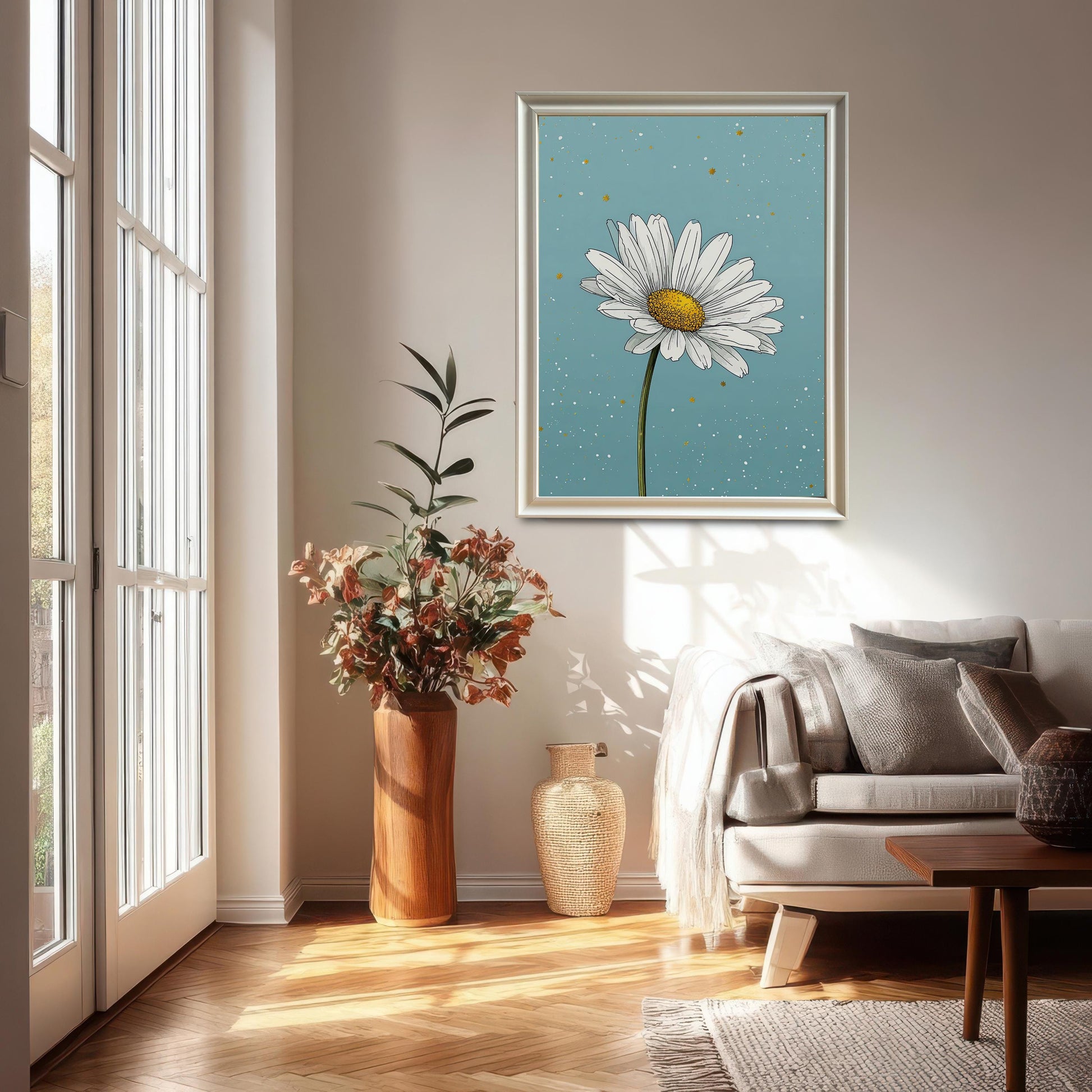 A framed wall art print of a single daisy with a subtle blue background. The art is hanging on a light-colored wall in a living room, above a white couch.