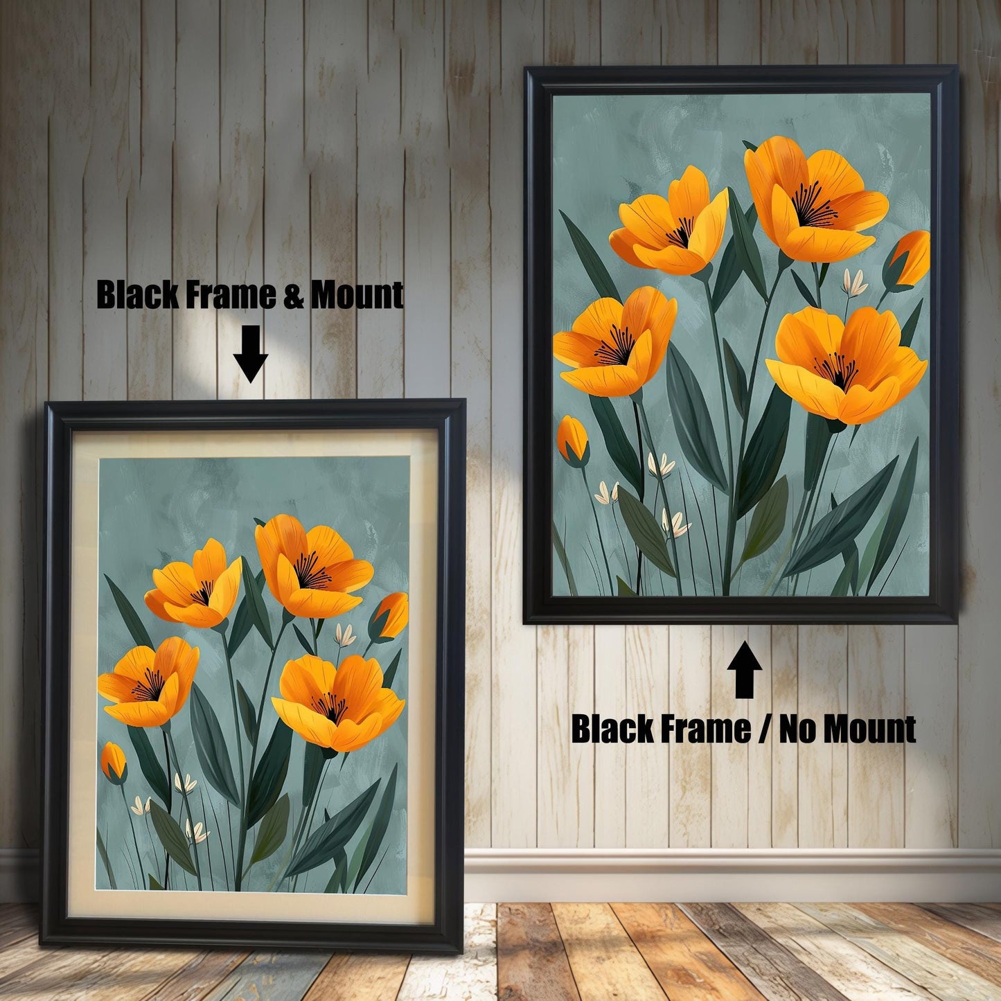 A two-panel image shows the same floral art in a black frame. The left panel shows the art with a white mat ("mount"), and the right panel shows it without a mat.