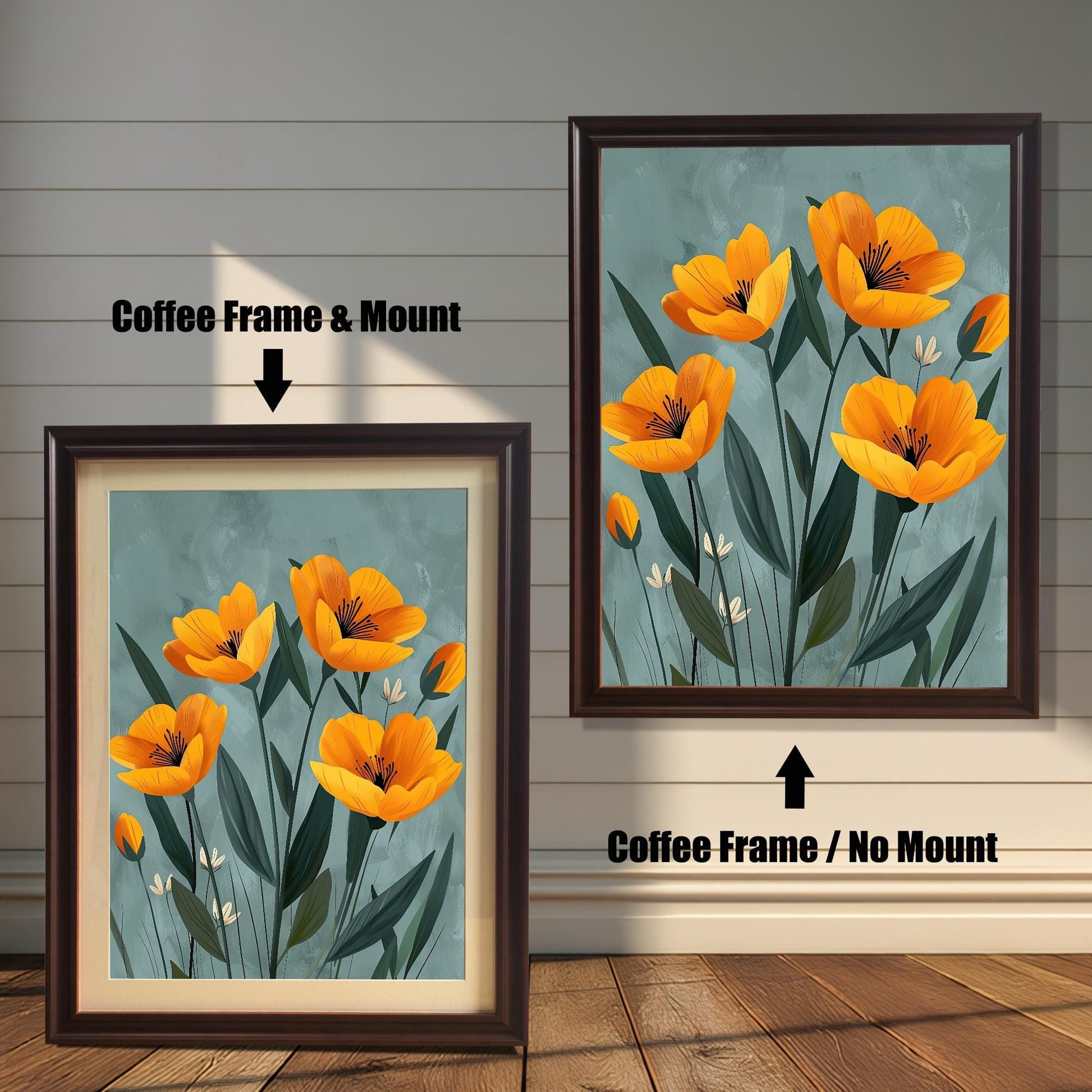 A two-panel image shows the same floral art in a coffee-colored frame. The left panel shows the art with a white mat ("mount"), and the right panel shows it without a mat.