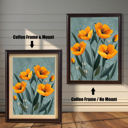 A two-panel image shows the same floral art in a coffee-colored frame. The left panel shows the art with a white mat ("mount"), and the right panel shows it without a mat.