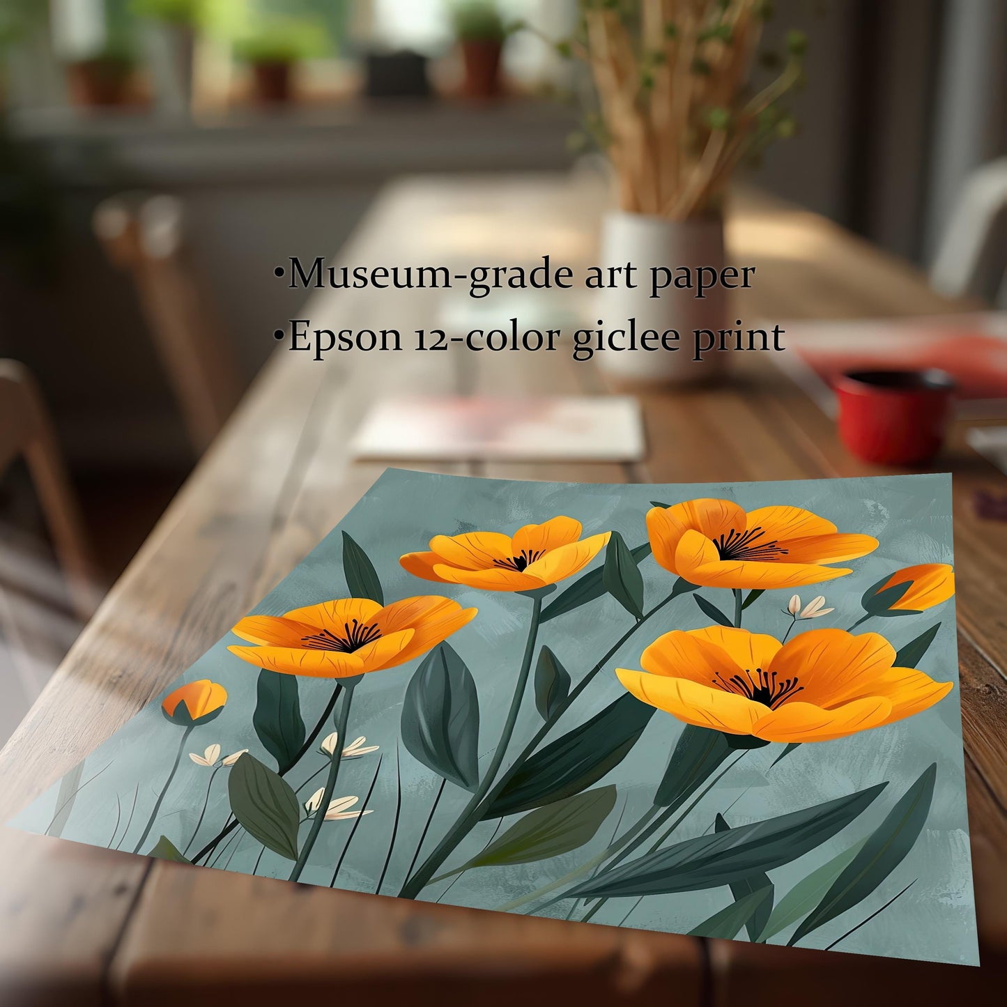 A museum-grade giclée print of yellow flowers rests on a rustic wooden table. The text highlights the print's quality, mentioning "Epson 12-color giclée print."