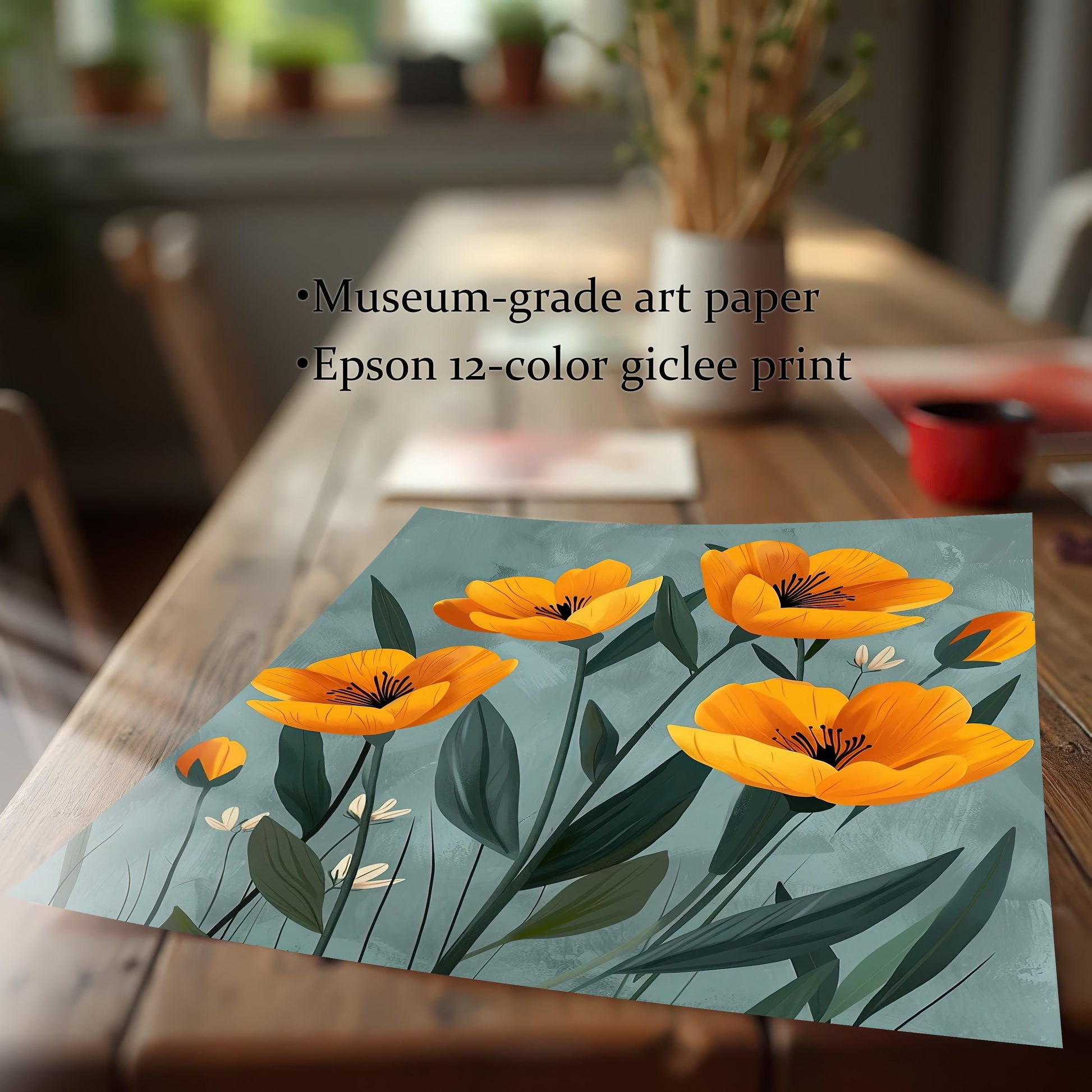 A museum-grade giclée print of yellow flowers rests on a rustic wooden table. The text highlights the print's quality, mentioning "Epson 12-color giclée print."