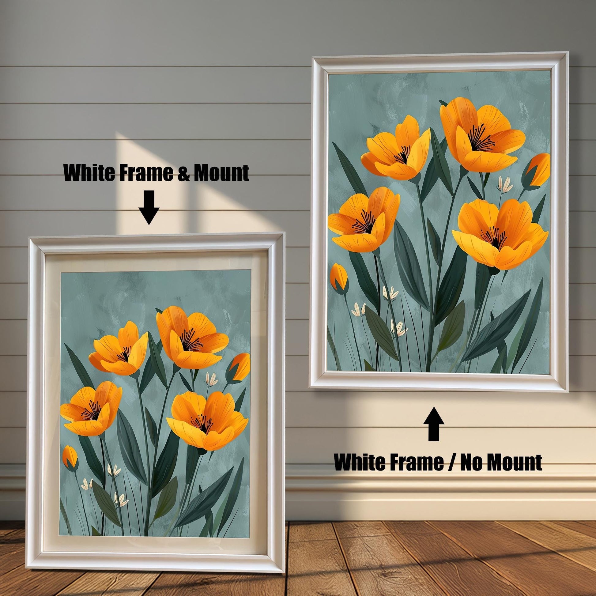 A two-panel image shows the same floral art in a white frame. The left panel shows the art with a white mat ("mount"), and the right panel shows it without a mat.