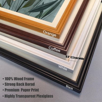 A close-up view of four different frame color options: orange, coffee, white, and black. Text notes the frames are 100% wood, 0.9 inches wide, with plexiglass.