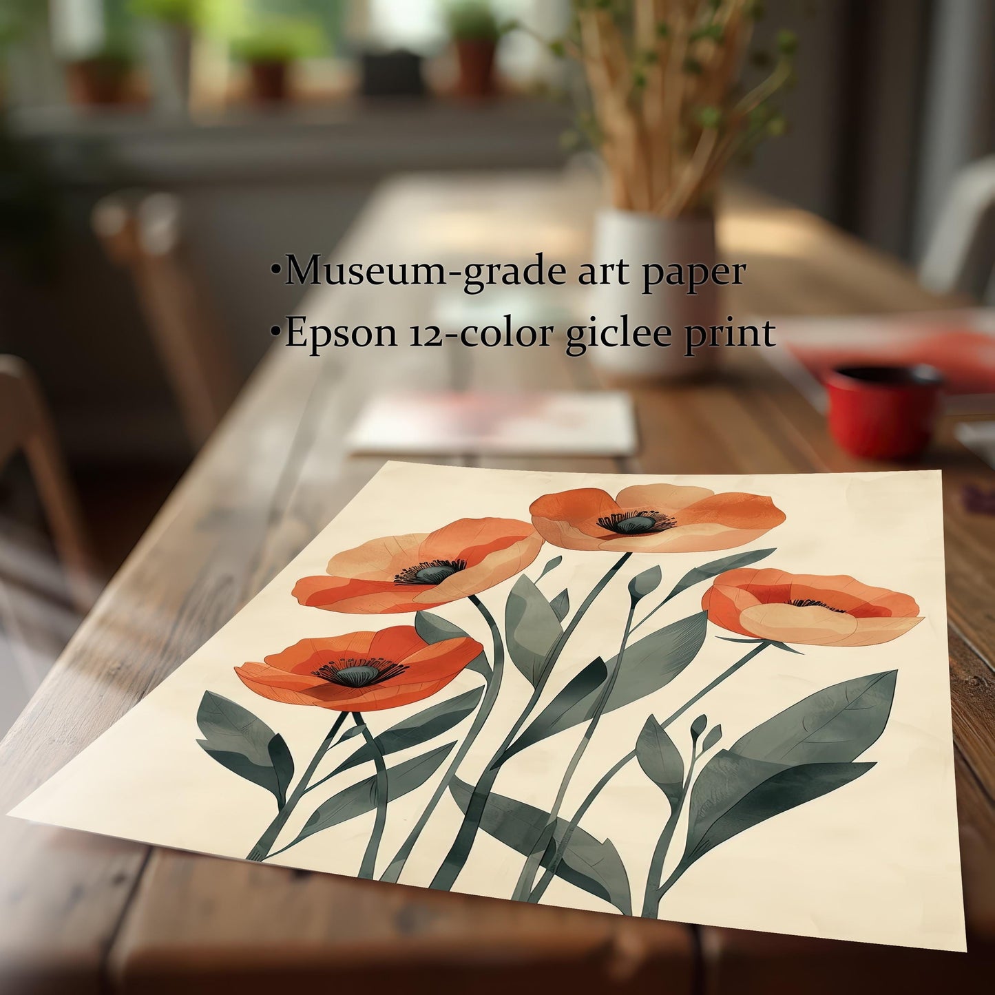 A flat art print of five orange poppies on a pale background on a wooden table, with text describing it as "museum-grade art paper" and an "Epson 12-color giclee print."