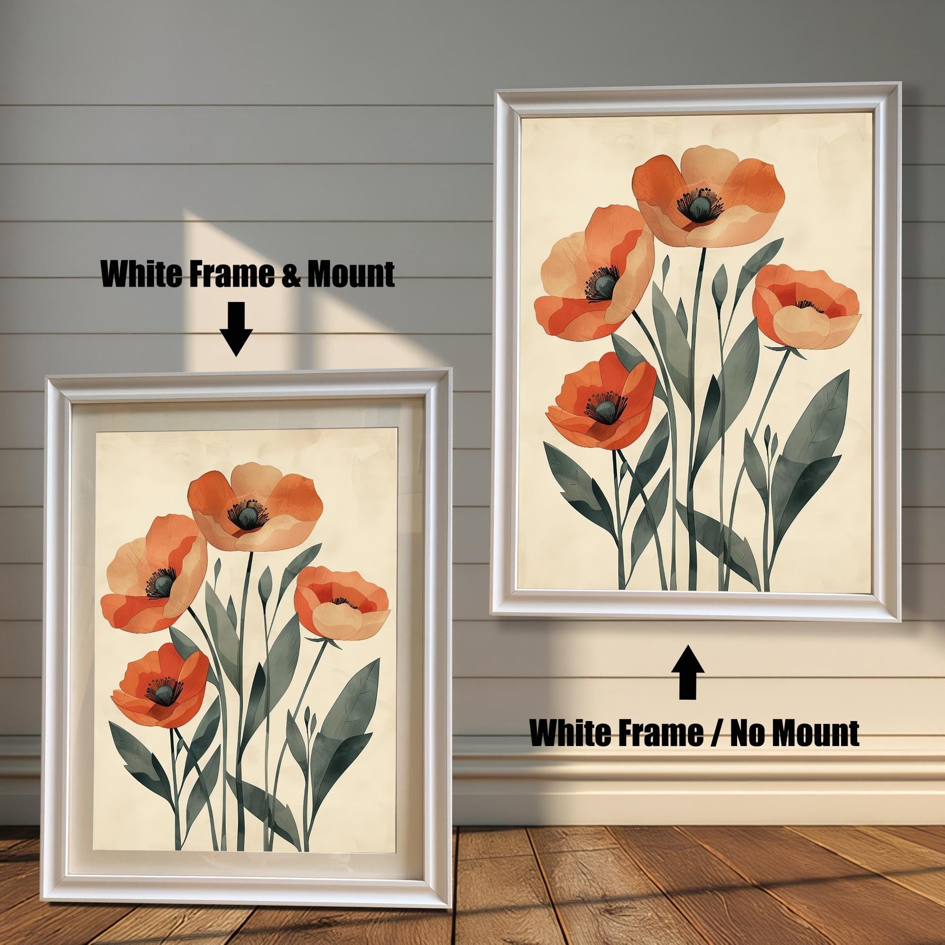 Two white-framed art prints of five orange poppies on a pale background. One has a white mat board and the other does not.