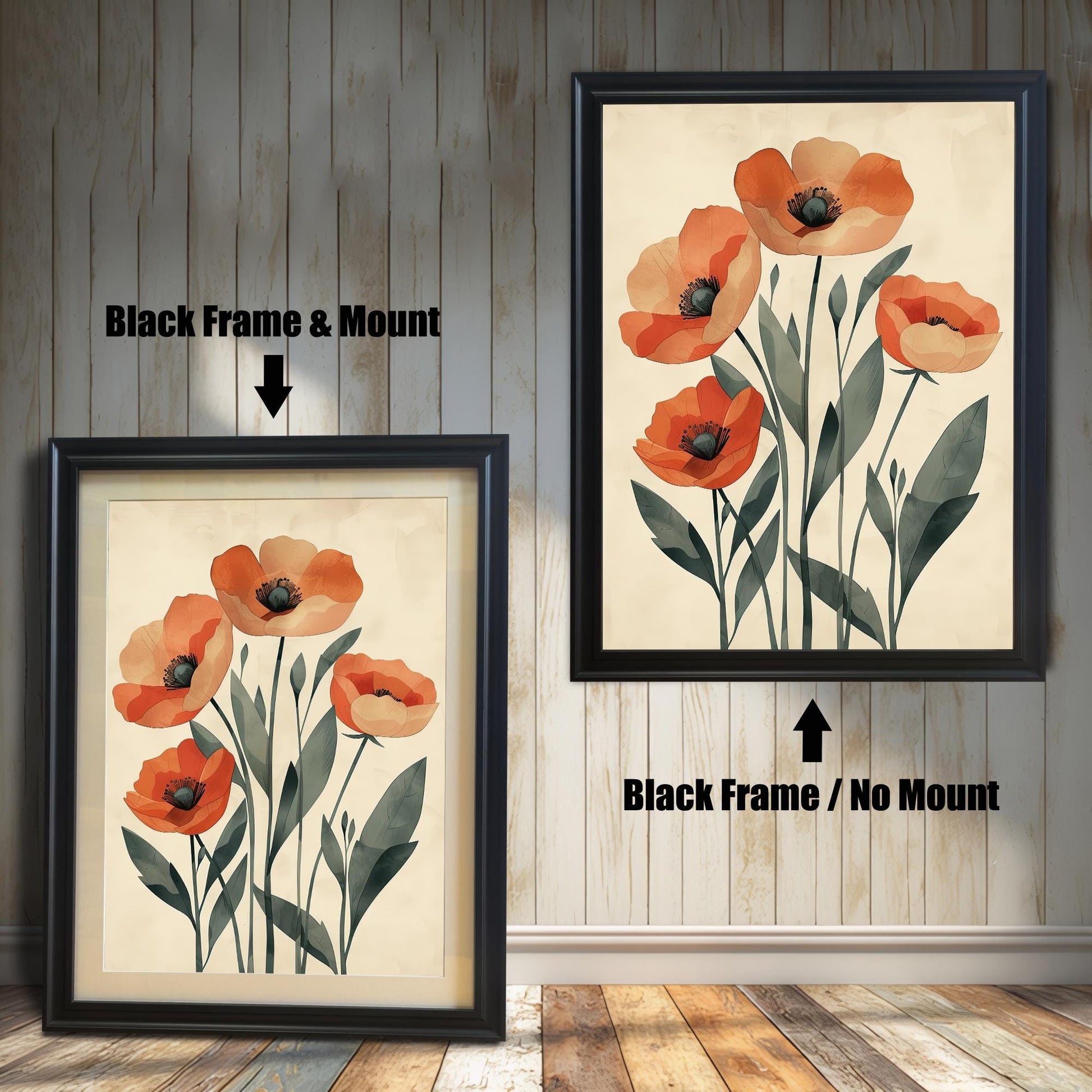 Two black-framed art prints of five orange poppies on a pale background. One has a white mat board and the other does not.