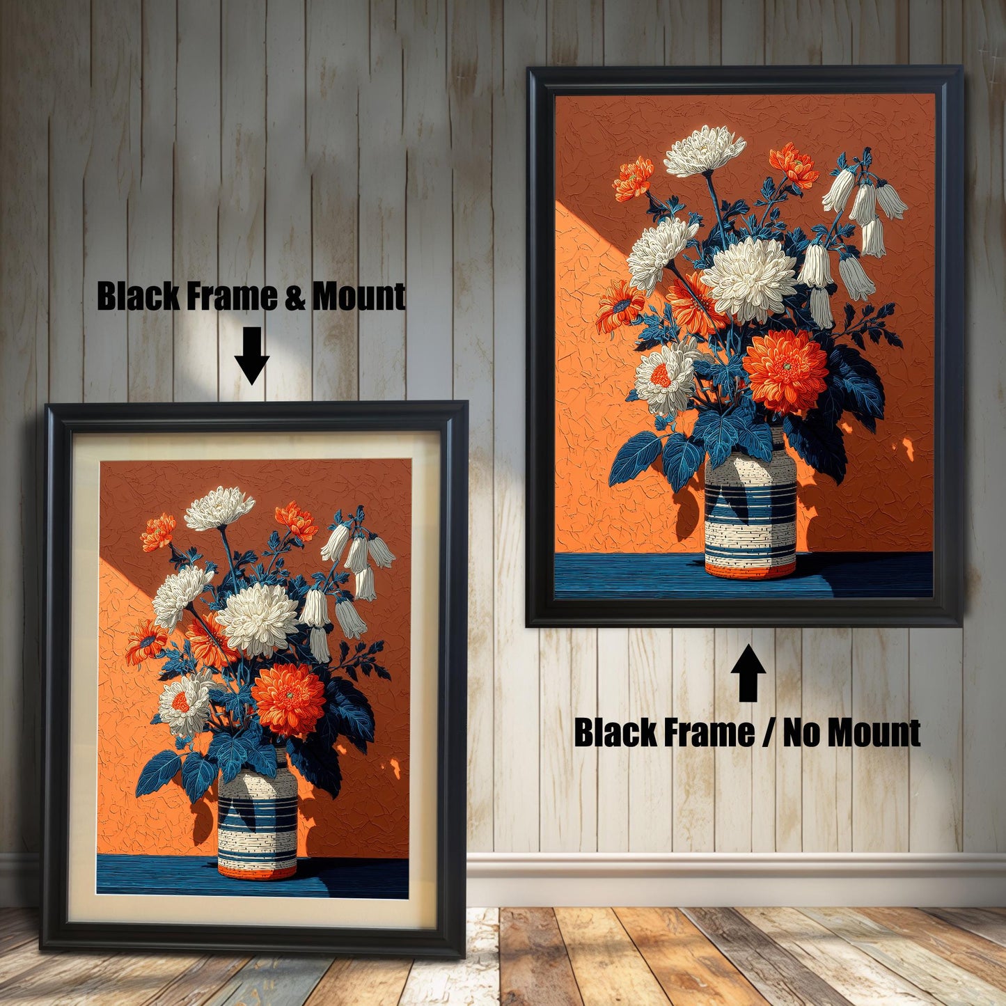 Two black-framed art prints of white and orange flowers on a vibrant orange background. One has a white mat board and the other does not.