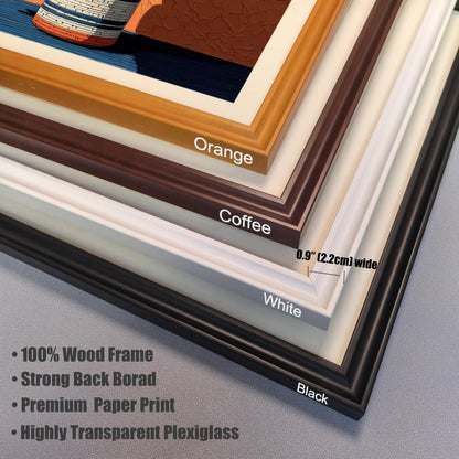 A close-up, stacked view of four different frame color options: orange, coffee, white, and black. Text lists features like "100% Wood Frame" and "Highly Transparent Plexiglass."