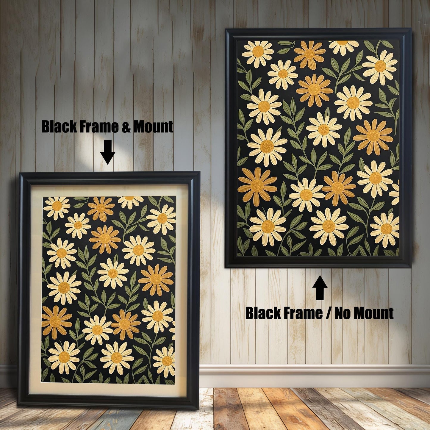 Two black-framed art prints with a pattern of yellow flowers on a dark background. One has a white mat board and the other does not.