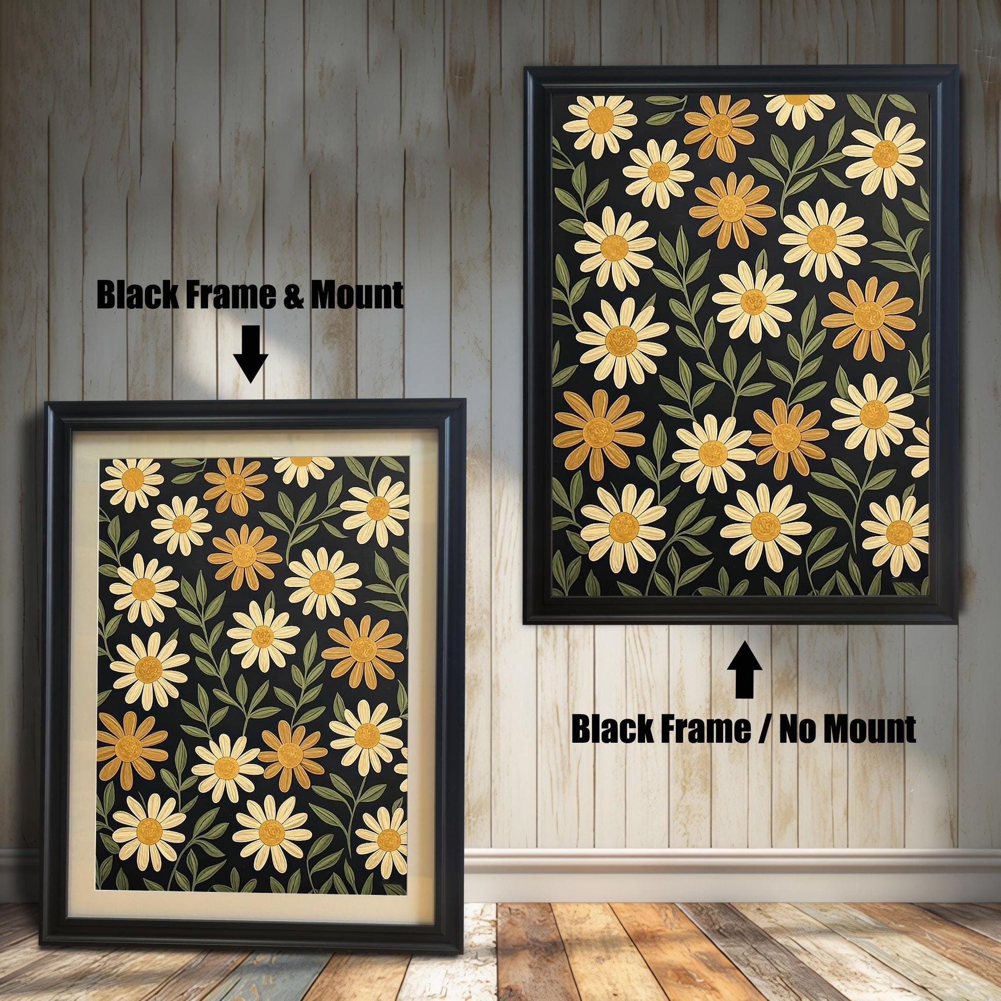 Two black-framed art prints with a pattern of yellow flowers on a dark background. One has a white mat board and the other does not.