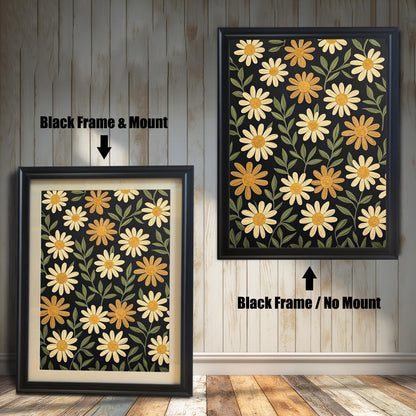 Two black-framed art prints with a pattern of yellow flowers on a dark background. One has a white mat board and the other does not.