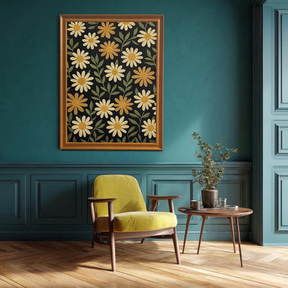 A large, framed art print of yellow flowers on a dark background hanging on a teal wall above a modern green armchair and a small side table.