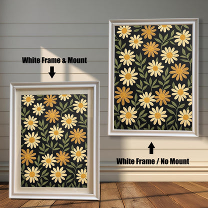 Two white-framed art prints with a pattern of yellow flowers on a dark background. One has a white mat board and the other does not.