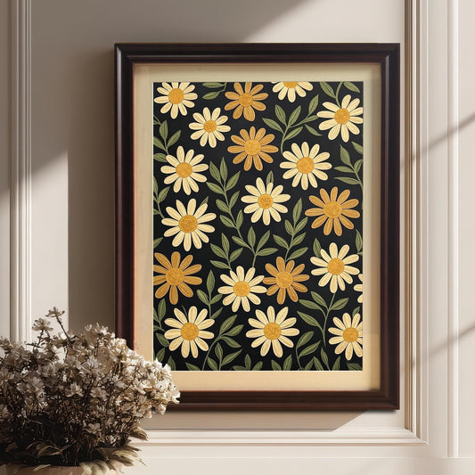 A framed, coffee-colored floral art print on a dark background. It's leaning against a white wainscoting wall next to a large potted plant.