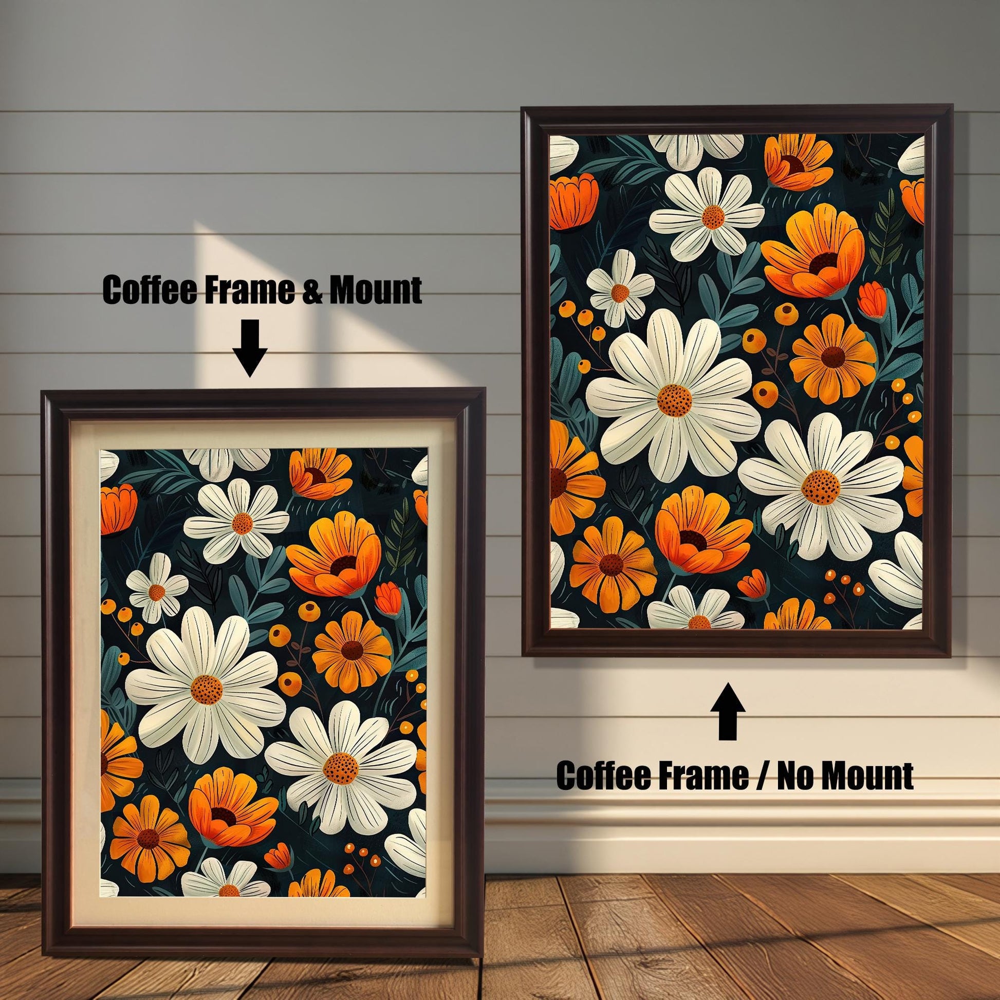 Two framed floral art prints side-by-side. The left is a "Coffee Frame & Mount," and the right is a "Coffee Frame / No Mount."