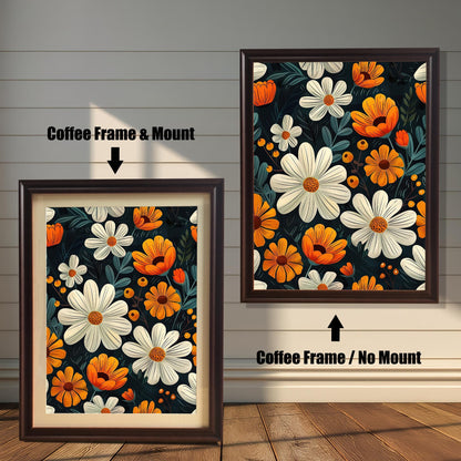Two framed floral art prints side-by-side. The left is a "Coffee Frame & Mount," and the right is a "Coffee Frame / No Mount."
