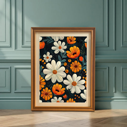 A framed floral print with an orange frame and a mount, leaning on the wooden floor against a paneled teal blue wall.